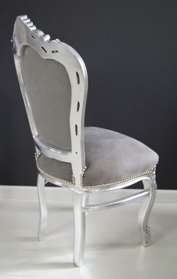  Barokowe, dekoracyjne krzesło, seria Kair, srebrna rama, obicie szary welur.